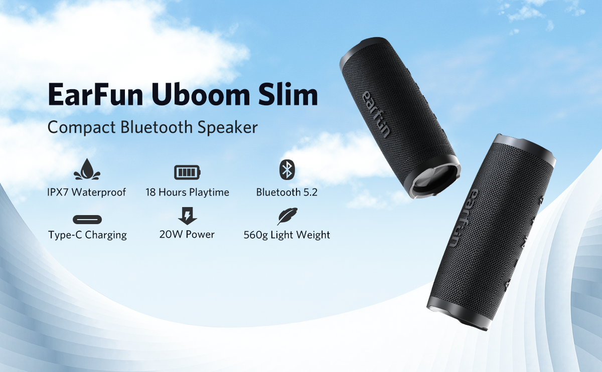 EarFun UBOOM® Slim - Draadloze bluetooth 5.2 speaker - IPX7 Waterproof - Ingebouwde microfoon - Zwart
